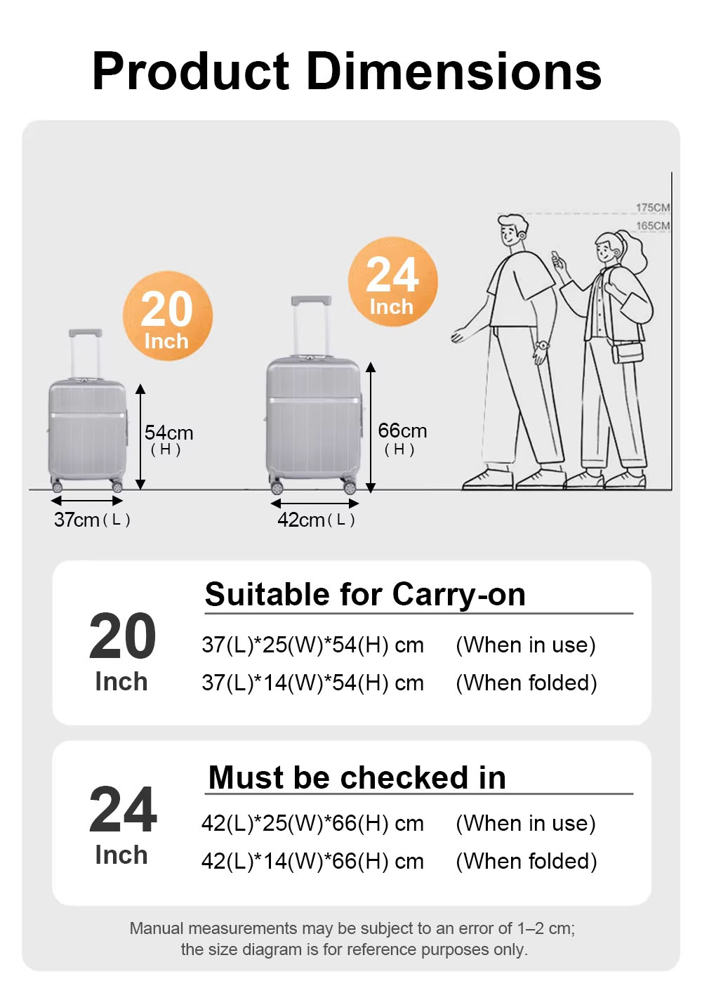 custom luggage with private branding, detailed description for sizes and capacity