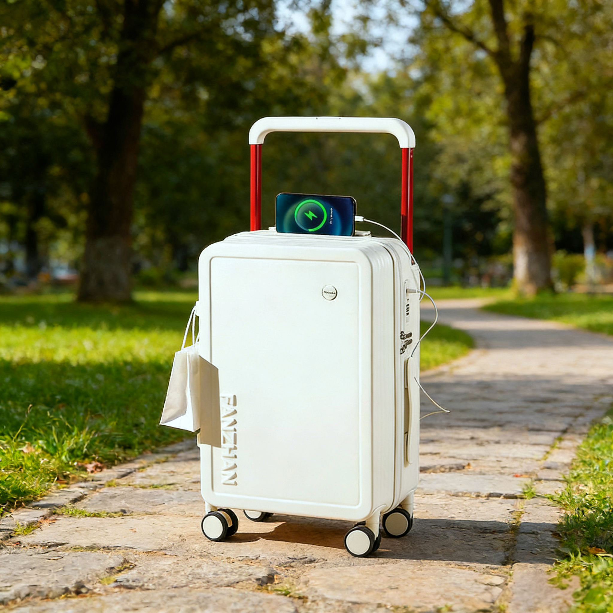 Fashionable Multi-functional Ultra-Wide Telescopic Handle with Charger, Hook and Cup Holder Smart Luggage