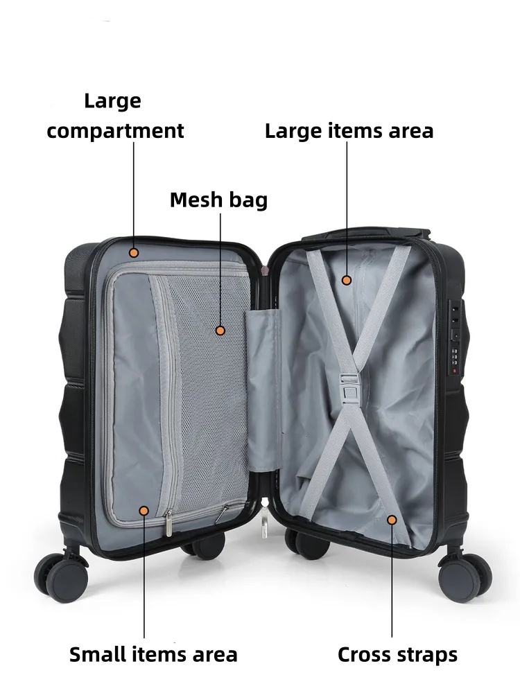 interior of eco friendly expandable carry on suitcase,Large compartment,mesh bag,cross straps,small items area and large items area