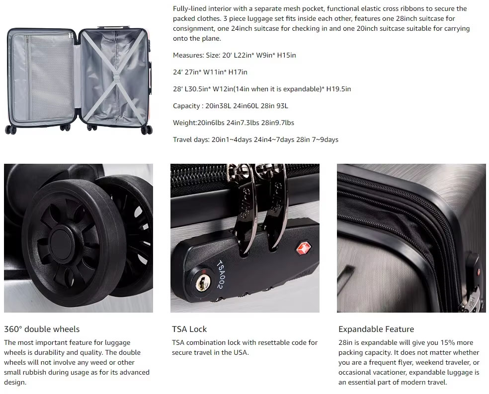 hard case luggage including large capacity,360 degree double wheel,TSA lock and expandable feature hard case luggage including large capacity,360 degree double wheel,TSA lock and expandable feature