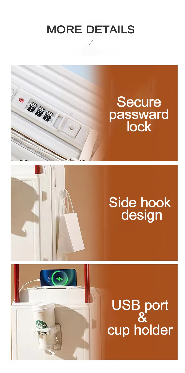 function display of compact travel suitcase,secure password lock,side hook design,USB port & cup holder function display of compact travel suitcase,secure password lock,side hook design,USB port & cup holder