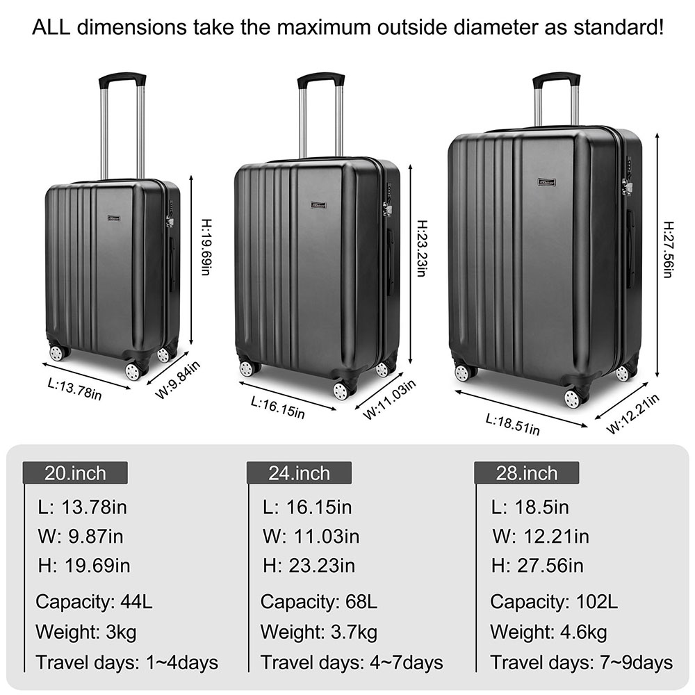 the display of sizes and capacity for impact resistant hardshell suitcase set the display of sizes and capacity for impact resistant hardshell suitcase set