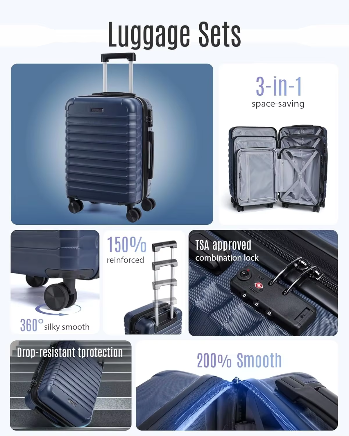 large capacity suitcase,3-in-1 space-saving,360 degree mute spinner wheels,TSA approved