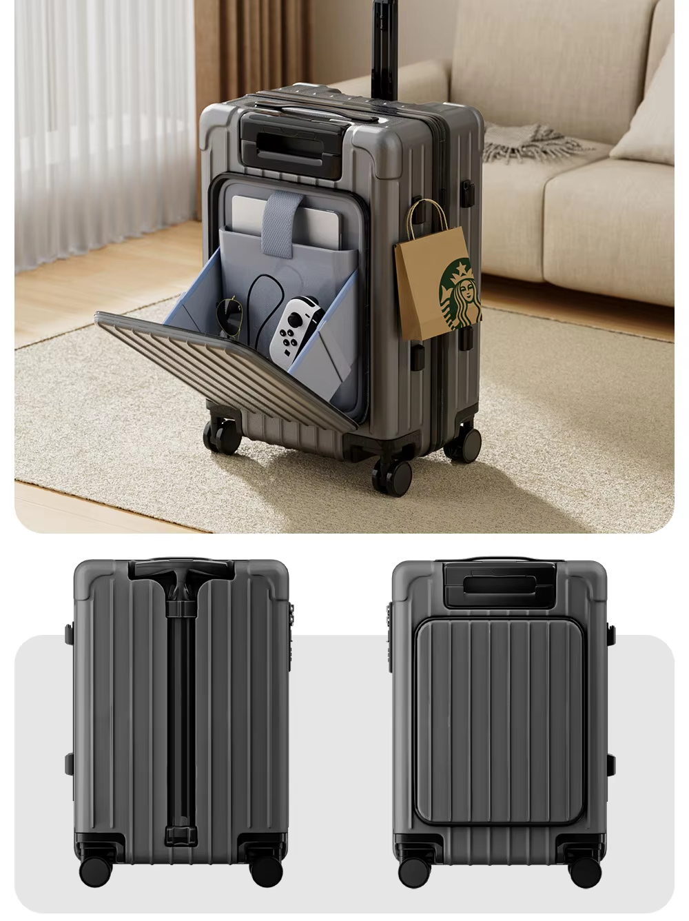 display of various sides of lightweight 4 wheel carry on suitcase