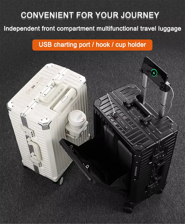Aluminum Frame Trolley Luggage Multifunctional Front Opening Travel Suitcase Carry on Luggage with Laptop USB Cup-holder