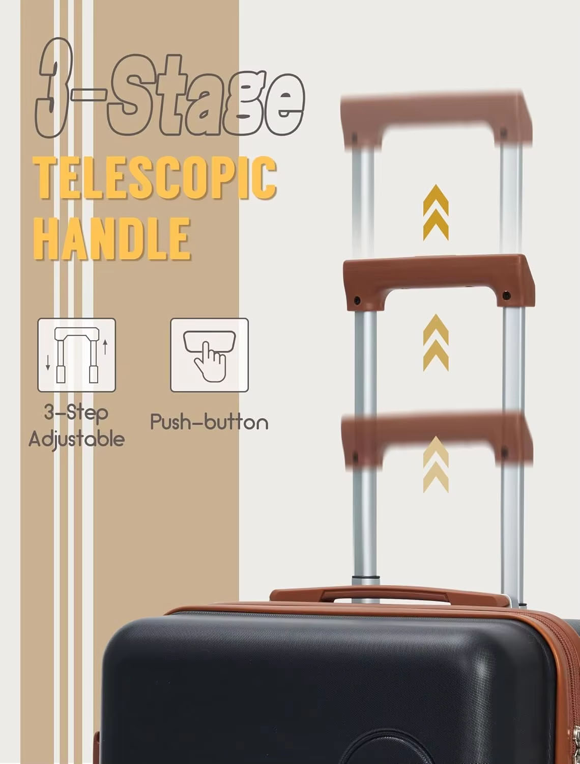 lightweight travel luggage,3-stage telescopic smooth handle,3-step adjustment and push button