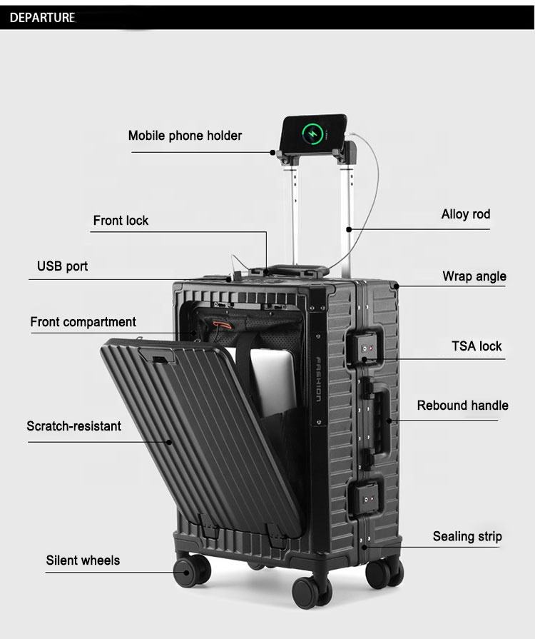 Aluminum Frame Trolley Luggage Multifunctional Front Opening Travel Suitcase Carry on Luggage with Laptop USB Cup-holder