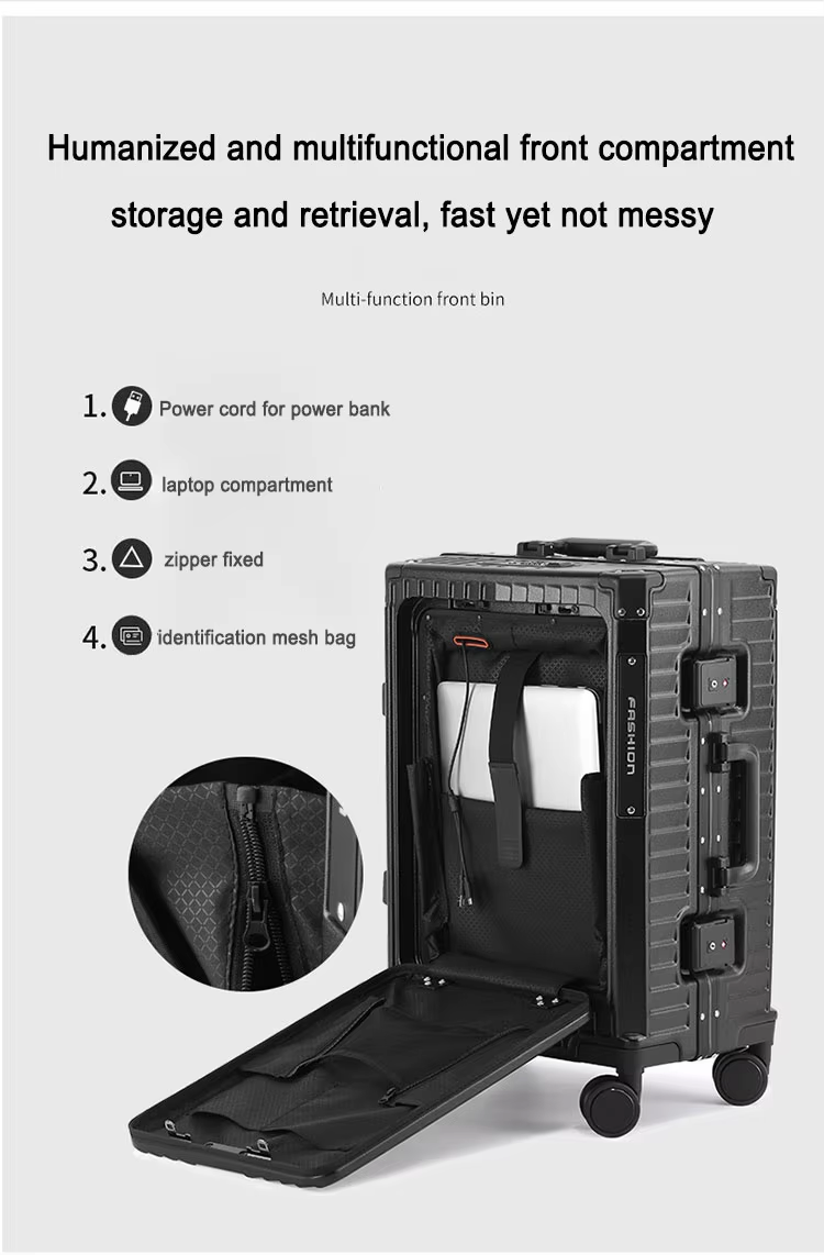 Aluminum Frame Trolley Luggage Multifunctional Front Opening Travel Suitcase Carry on Luggage with Laptop USB Cup-holder