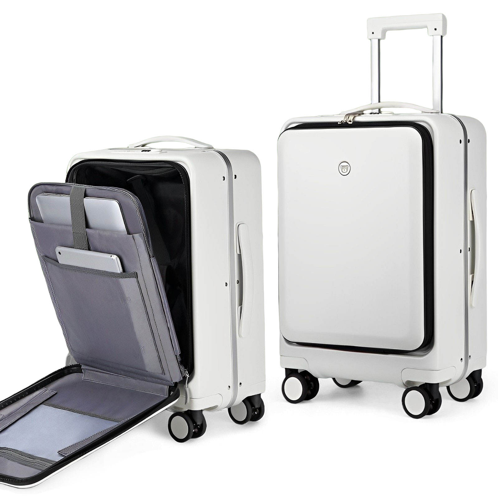 minimalist hard shell carry on luggage,the front pocket of this suitcase can be opened at a large angle,making it very convenient to put in laptop,mobile pone or ipad