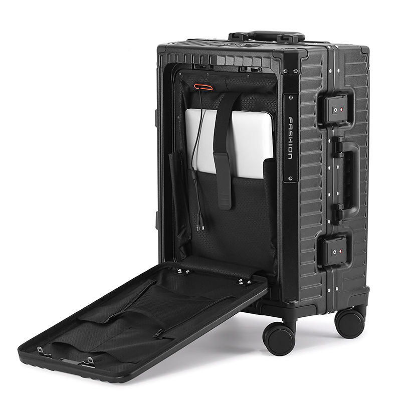 Aluminum Frame Trolley Luggage Multifunctional Front Opening Travel Suitcase Carry on Luggage with Laptop USB Cup-holder
