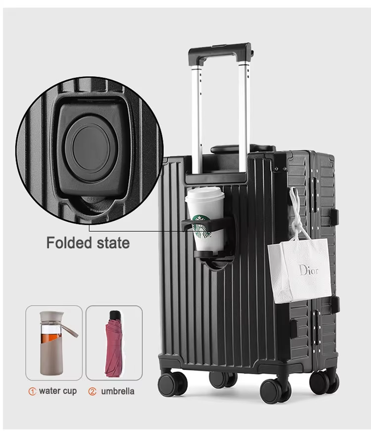 Aluminum Frame Trolley Luggage Multifunctional Front Opening Travel Suitcase Carry on Luggage with Laptop USB Cup-holder