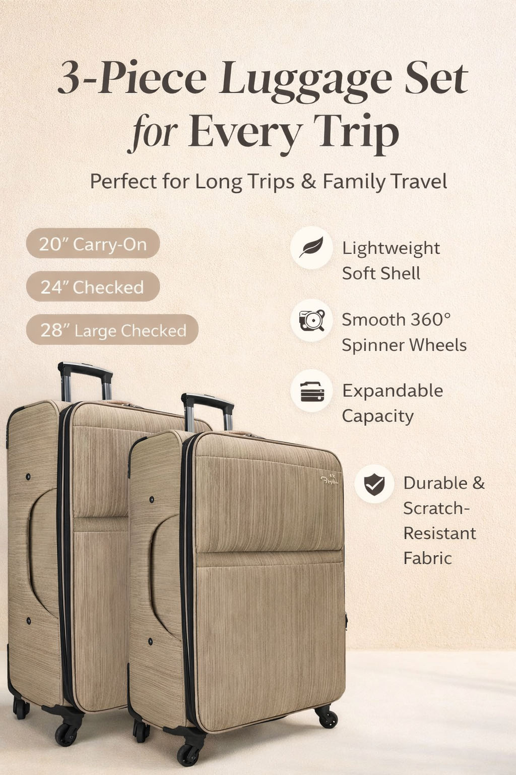 3pcs Lightweight Expandable Spinner Travel Fabric Luggage Set