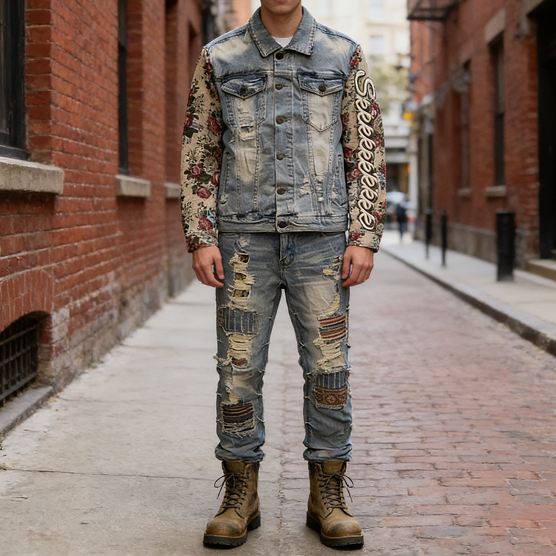Acid Wash Slim Fit Jean Jacket Set