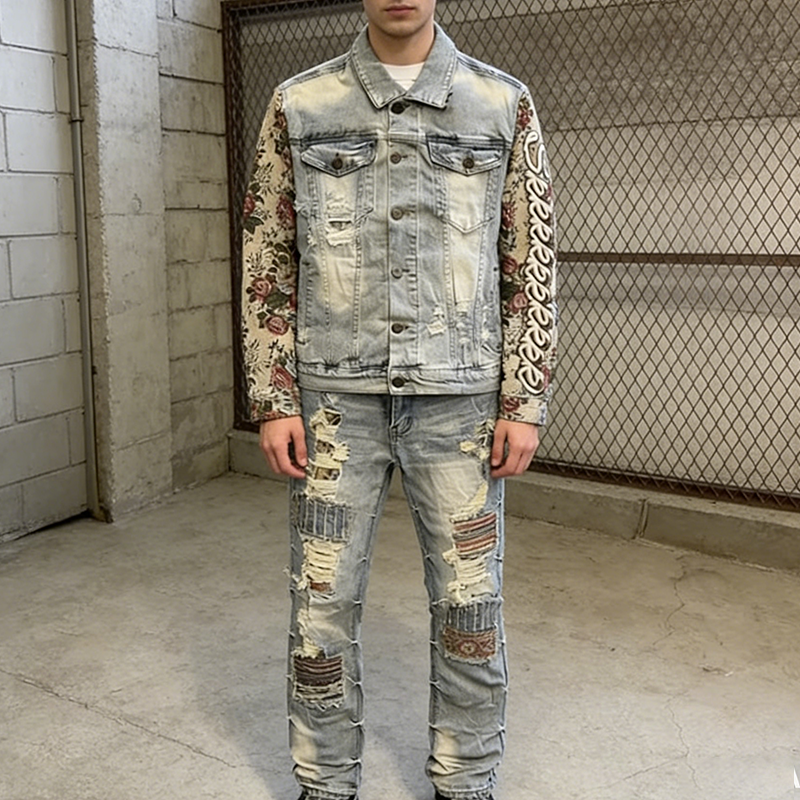 Acid Wash Slim Fit Jean Jacket Set