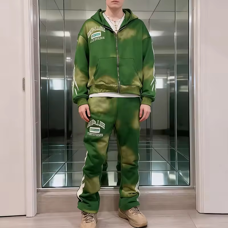 Tie Dye Washed Streetwear Zip Hoodie and Jogger Pants Tracksuit Set