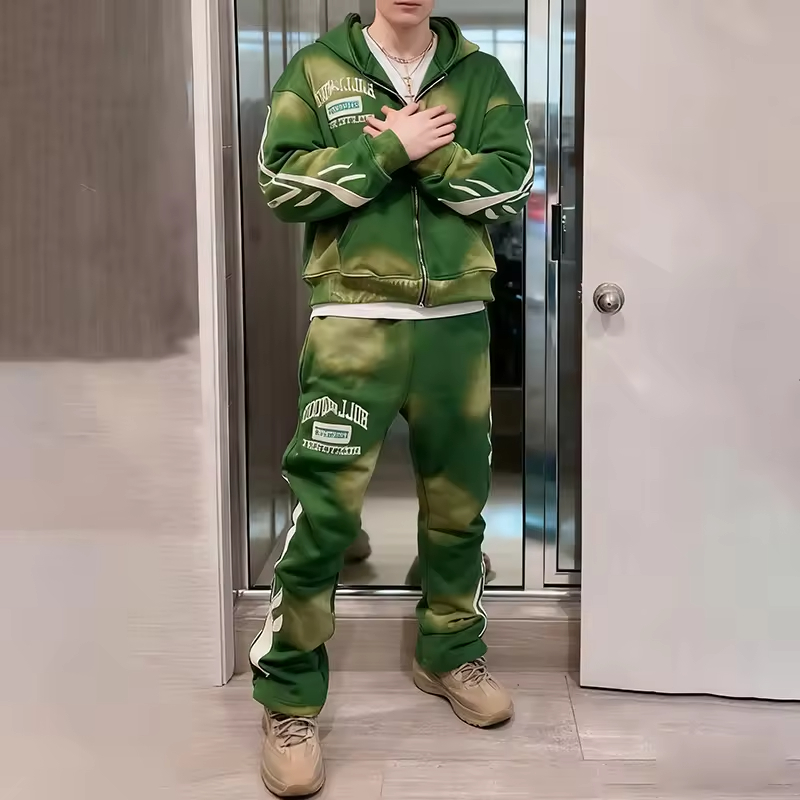 Tie Dye Washed Streetwear Zip Hoodie and Jogger Pants Tracksuit Set