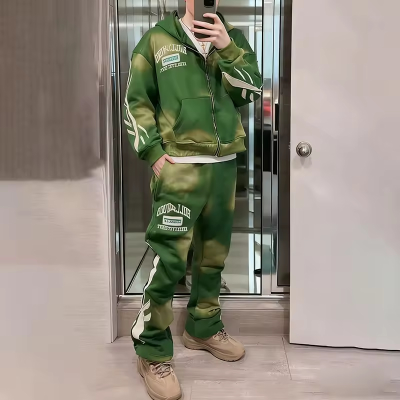 Tie Dye Washed Streetwear Zip Hoodie and Jogger Pants Tracksuit Set