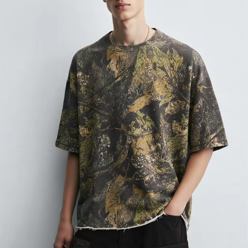 Camouflage Leaf Print Streetwear Oversized Graphic T Shirt