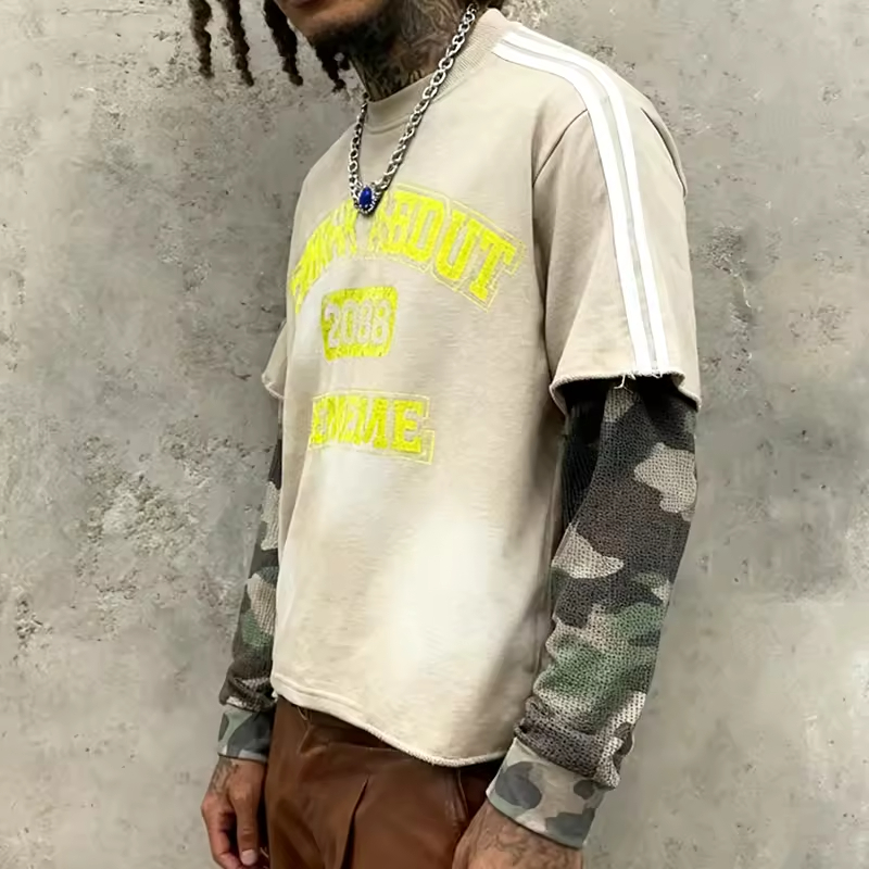 Washed Letter Graphic Fake Two Piece Oversized T Shirt