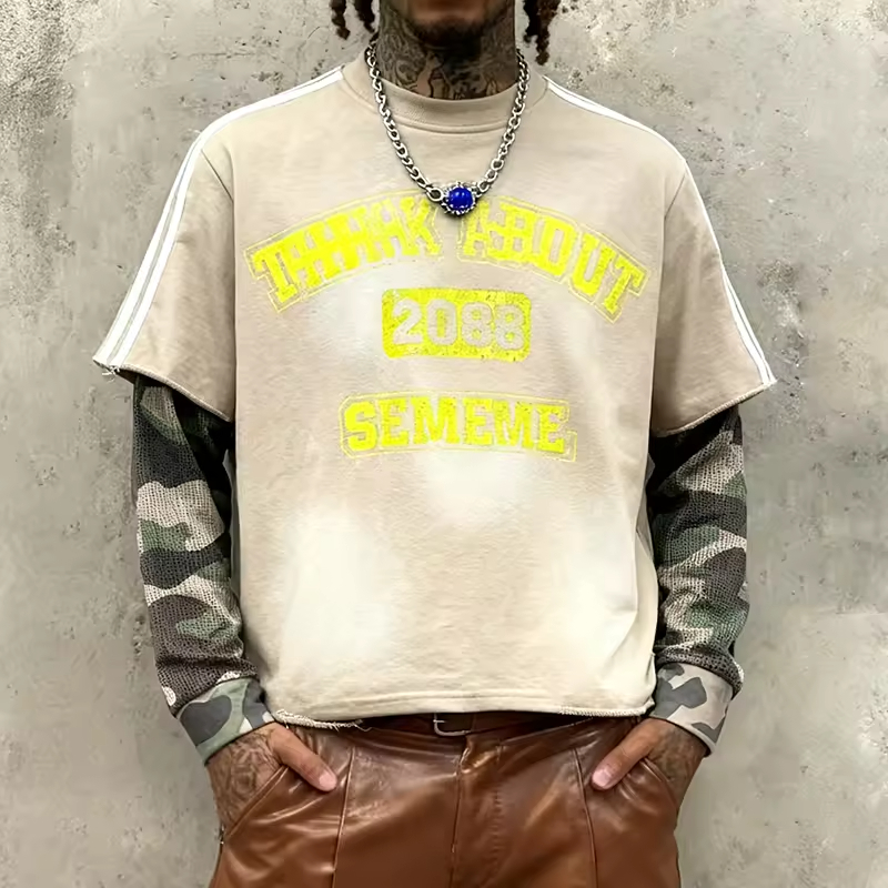 Washed Letter Graphic Fake Two Piece Oversized T Shirt