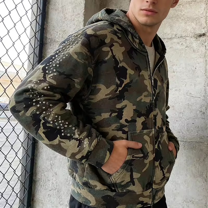 Camouflage Men Rhinestone Hoodie