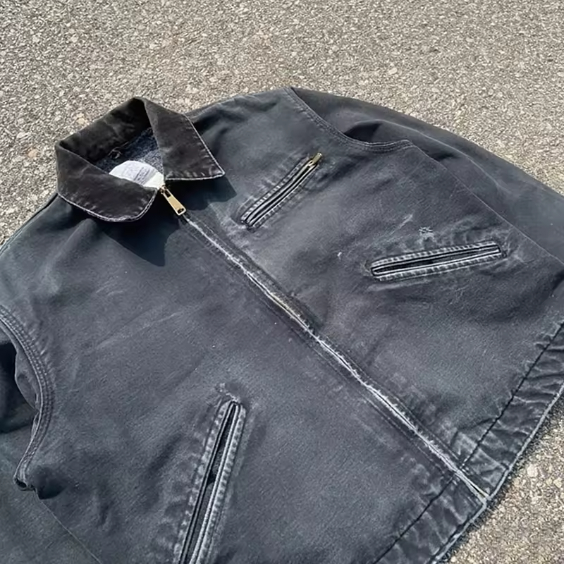 Retro Style Black Zip Front Work Jacket
