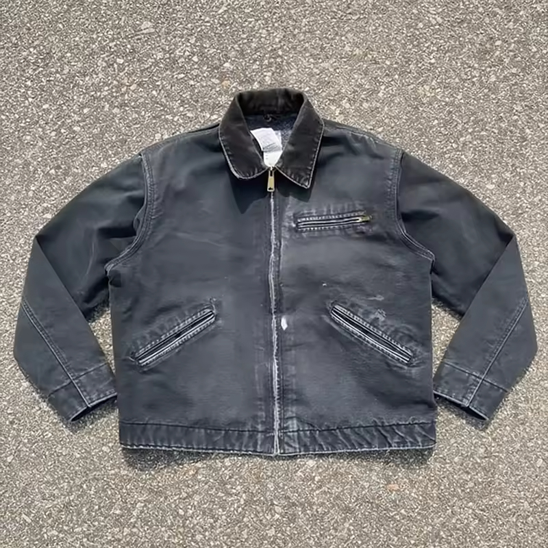 Retro Style Black Zip Front Work Jacket