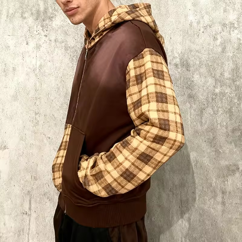 Plaid Acid Wash Cotton Hoodie