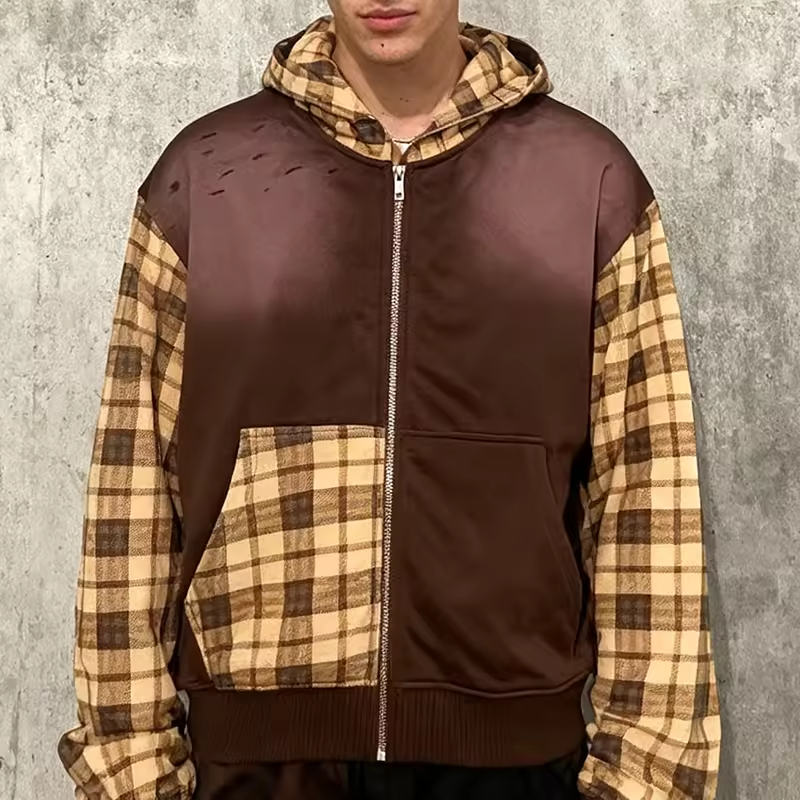 Plaid Acid Wash Cotton Hoodie