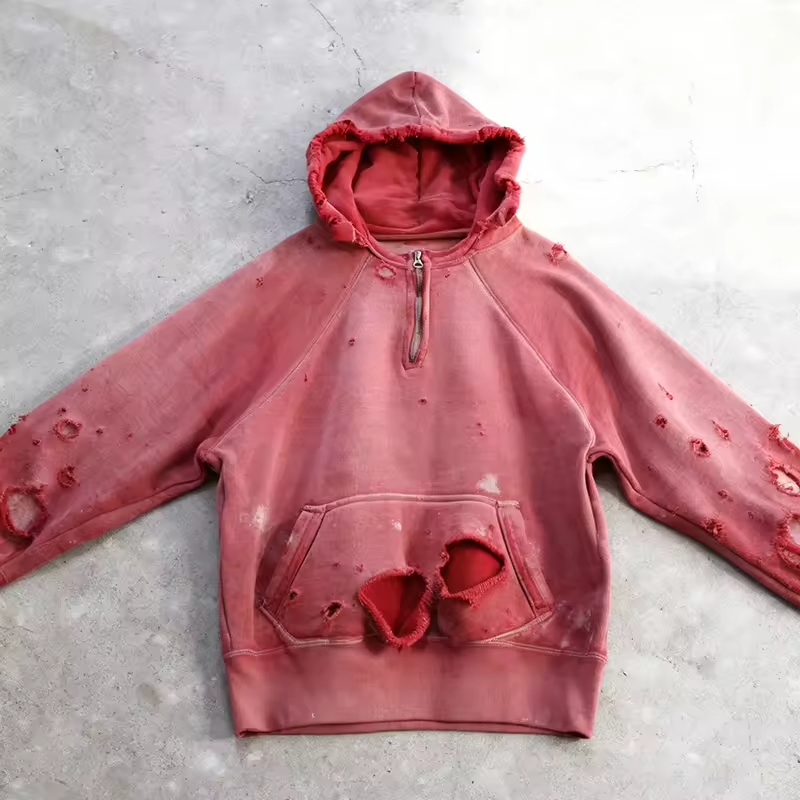 Washed Distressed Streetwear Pullover Hoodie
