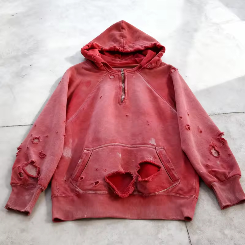 Washed Distressed Streetwear Pullover Hoodie