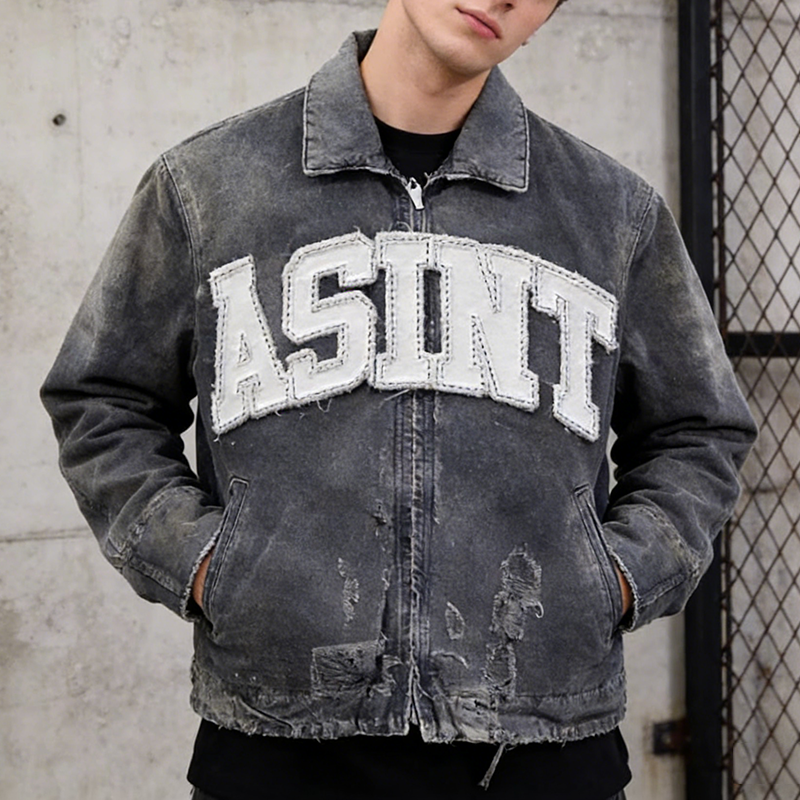 Distresssed Denim Zipper Jacket