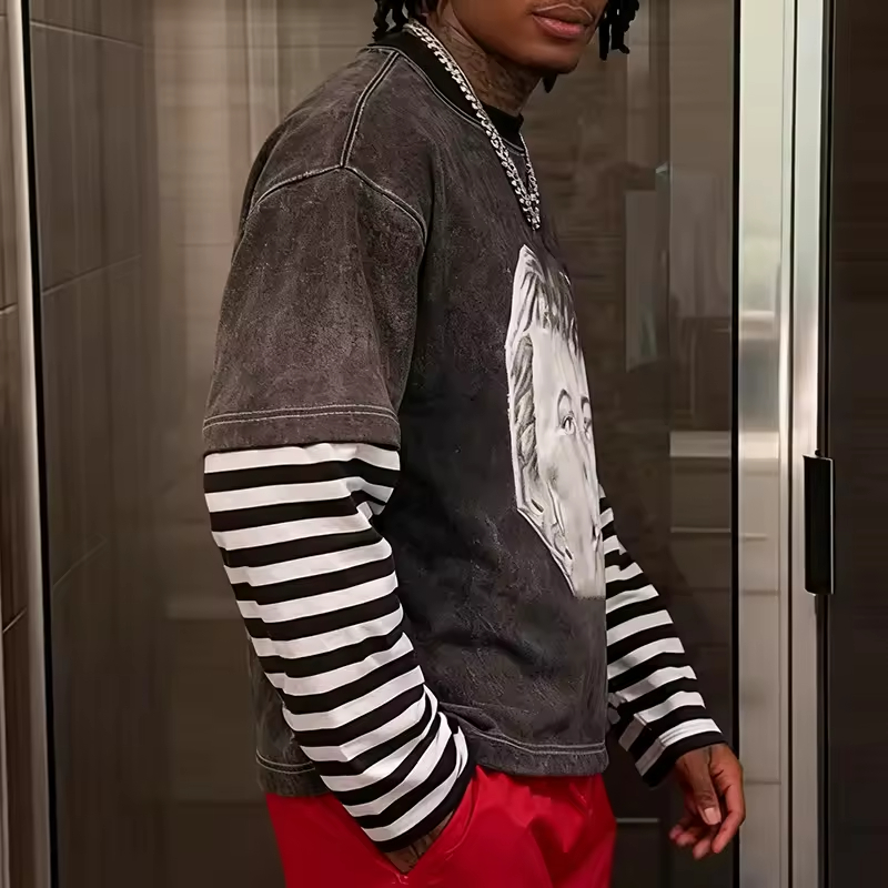 Men's Streetwear Layered Sleeve Oversized  Graphic T-shirt