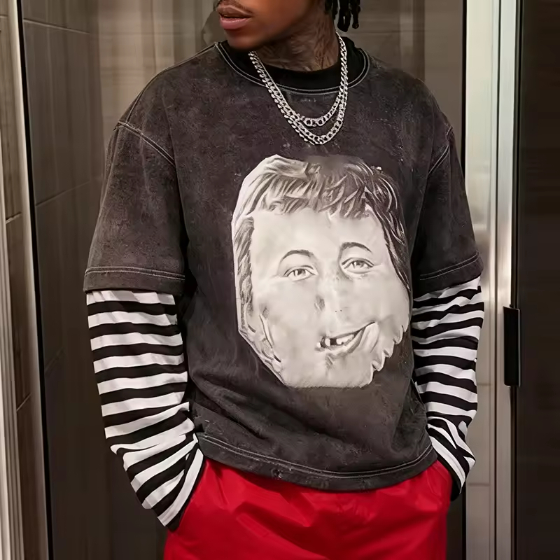 Men's Streetwear Layered Sleeve Oversized  Graphic T-shirt