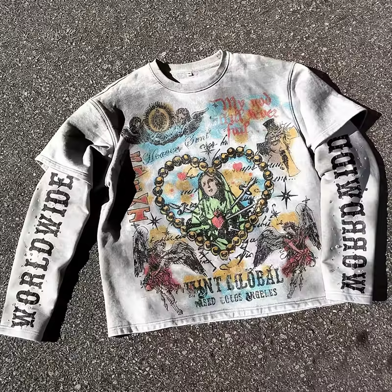 Boxy Fit Vintage Printed Double Layer Sleeve T-Shirt