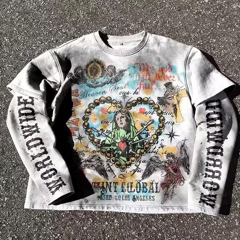 Boxy Fit Vintage Printed Double Layer Sleeve T-Shirt