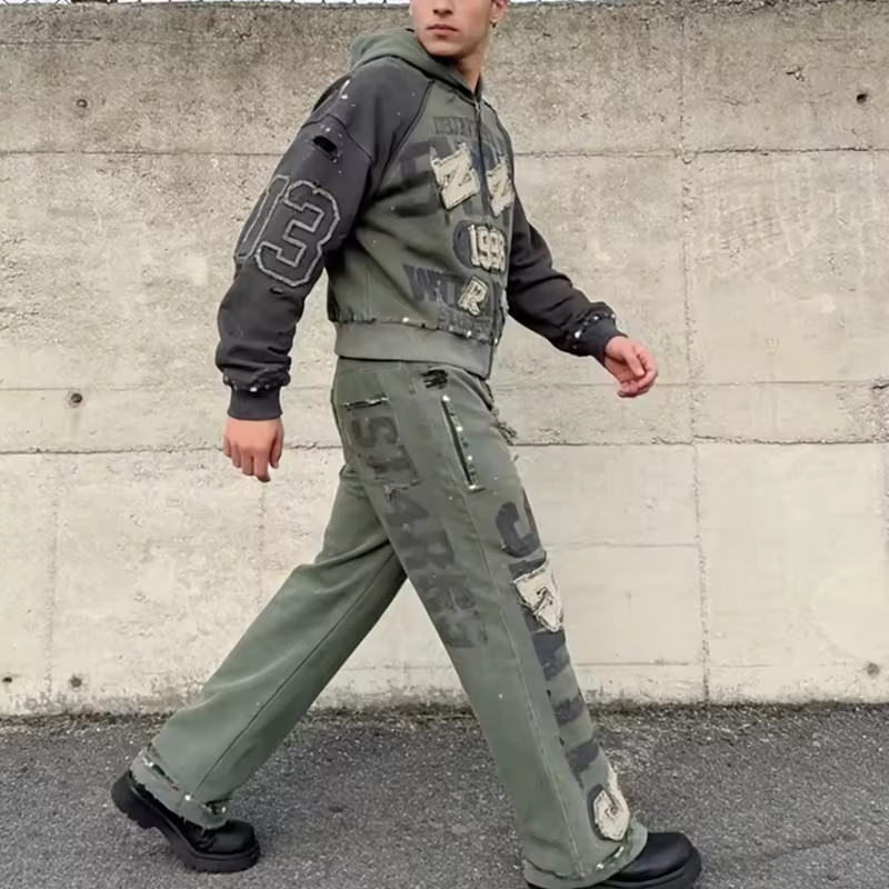 Embroidery Applique Distressed Tracksuit