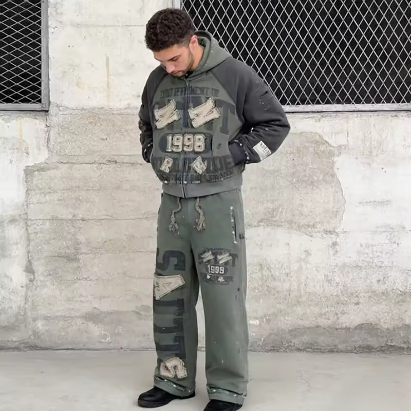 Embroidery Applique Distressed Tracksuit