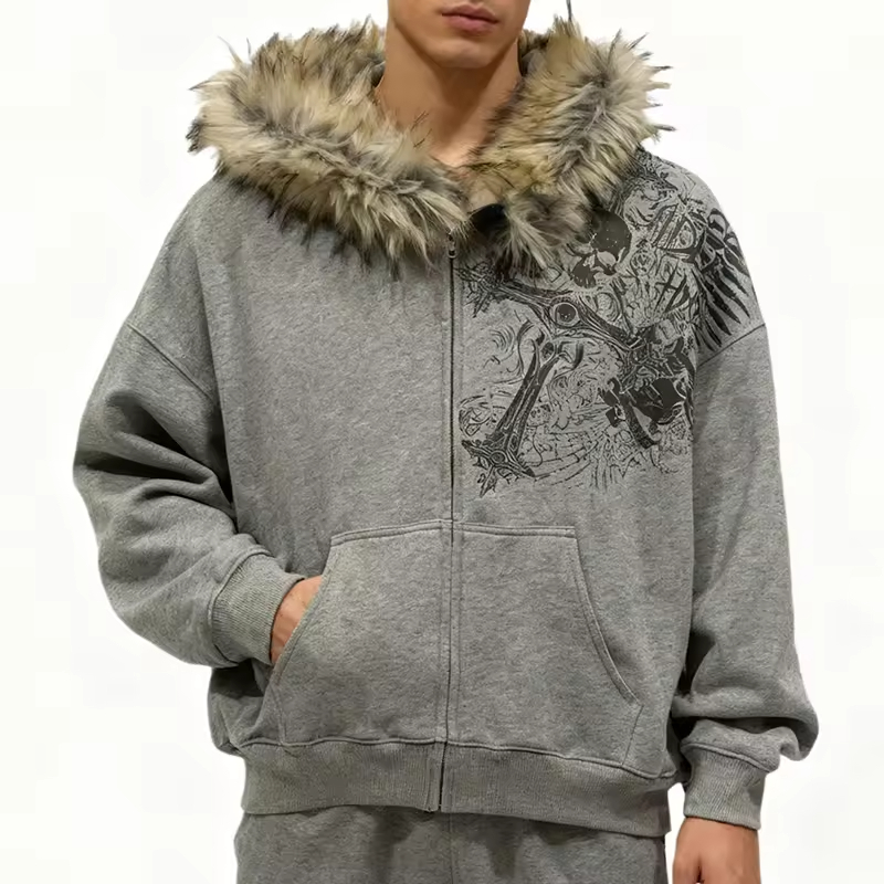 Fur Hood Streetwear Oversized Zip Up Hoodie