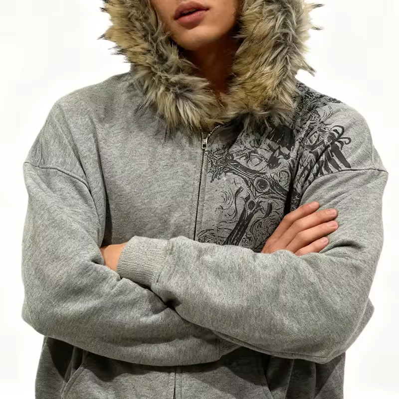 Fur Hood Streetwear Oversized Zip Up Hoodie