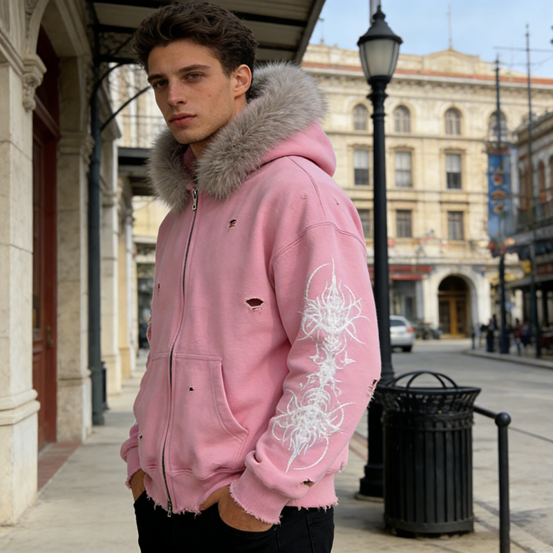 Faux Fur Zip Hoodies Men