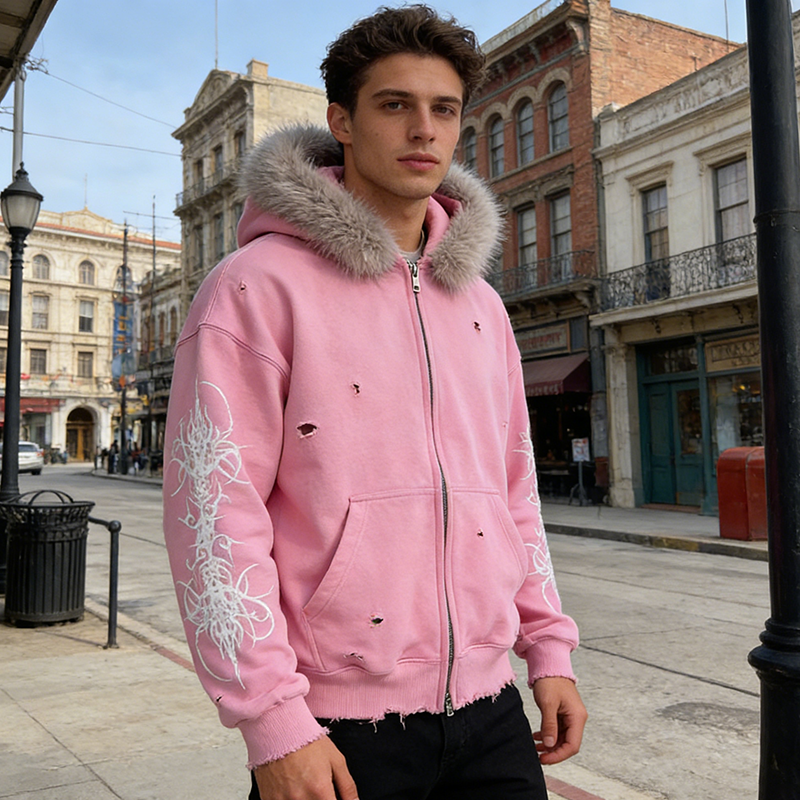 Faux Fur Zip Hoodies Men