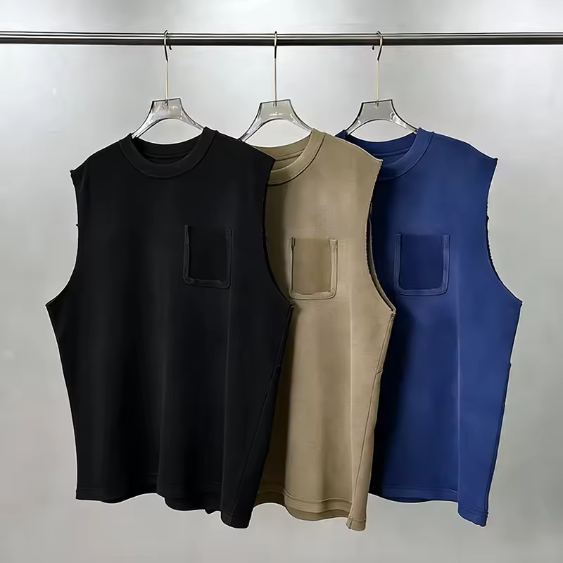 Solid Color Pocket Design Casual Street Sleeveless T Shirt