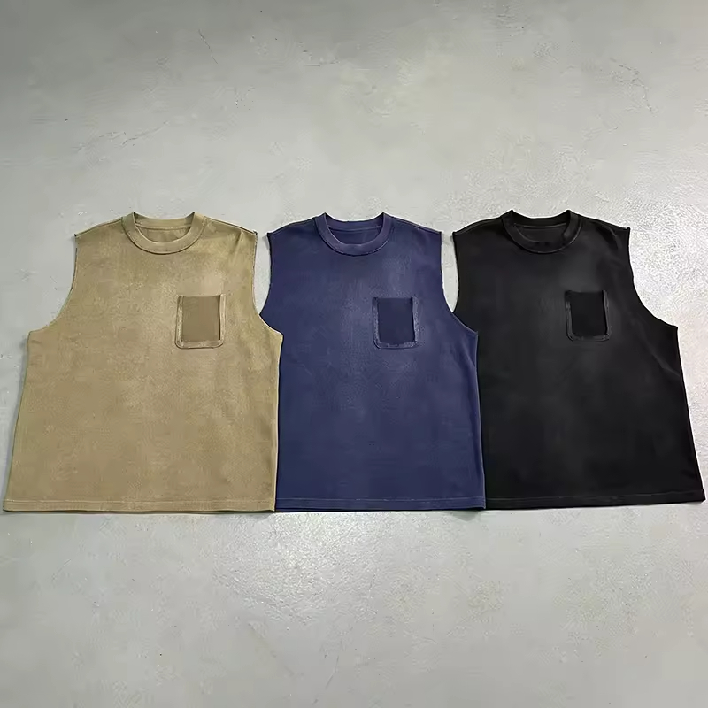 Solid Color Pocket Design Casual Street Sleeveless T Shirt