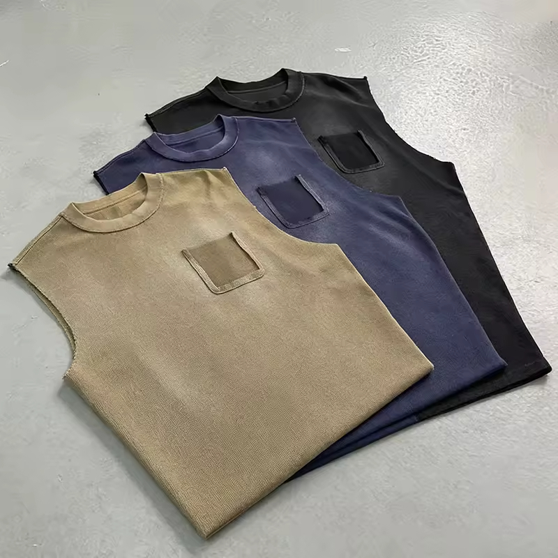 Solid Color Pocket Design Casual Street Sleeveless T Shirt