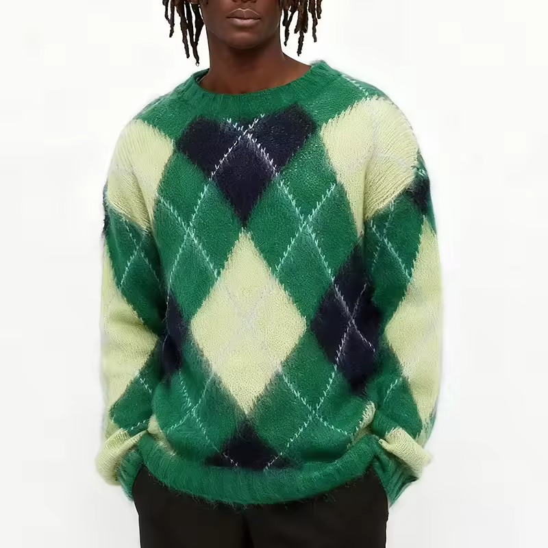 Manufacture Custom Rhombus Plaid Design Jacquard Mohair Pullover Knit Streetwear Winter Fuzzy Crew Neck Sweater for Men