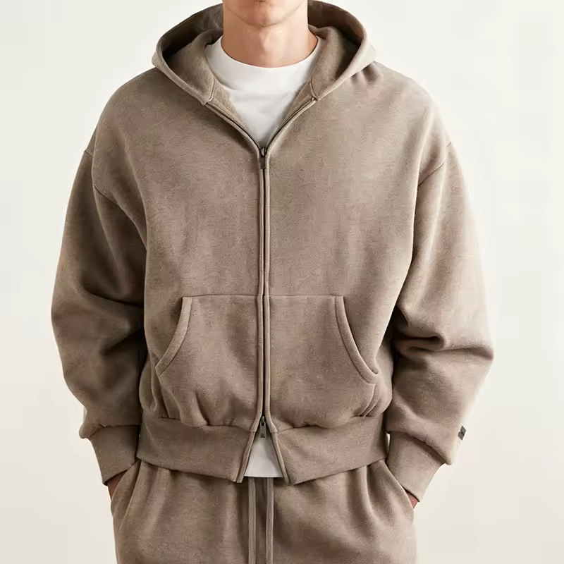 Solid Khaki Streetwear Casual Essential Relaxed Fit Oversized Zip Up Hoodie