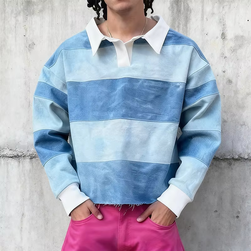 Retro Washed Blue Stripe Streetwear Long Sleeve Polo Shirt