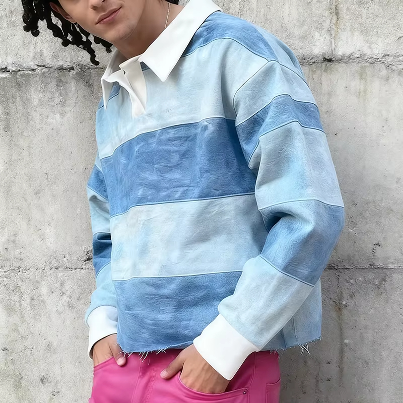 Retro Washed Blue Stripe Streetwear Long Sleeve Polo Shirt