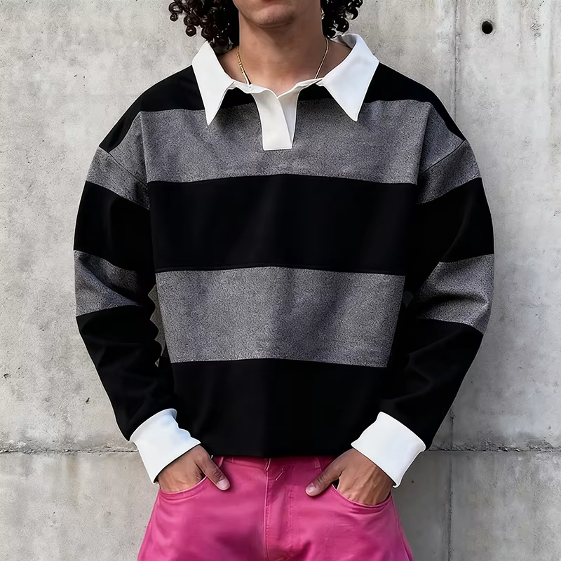 Retro Washed Blue Stripe Streetwear Long Sleeve Polo Shirt